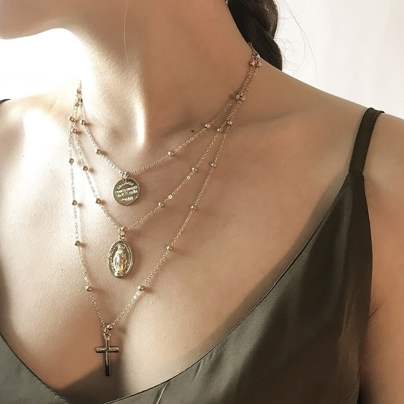 Bohemian Holy Cross and Virgin Mary Multi Layered Necklace